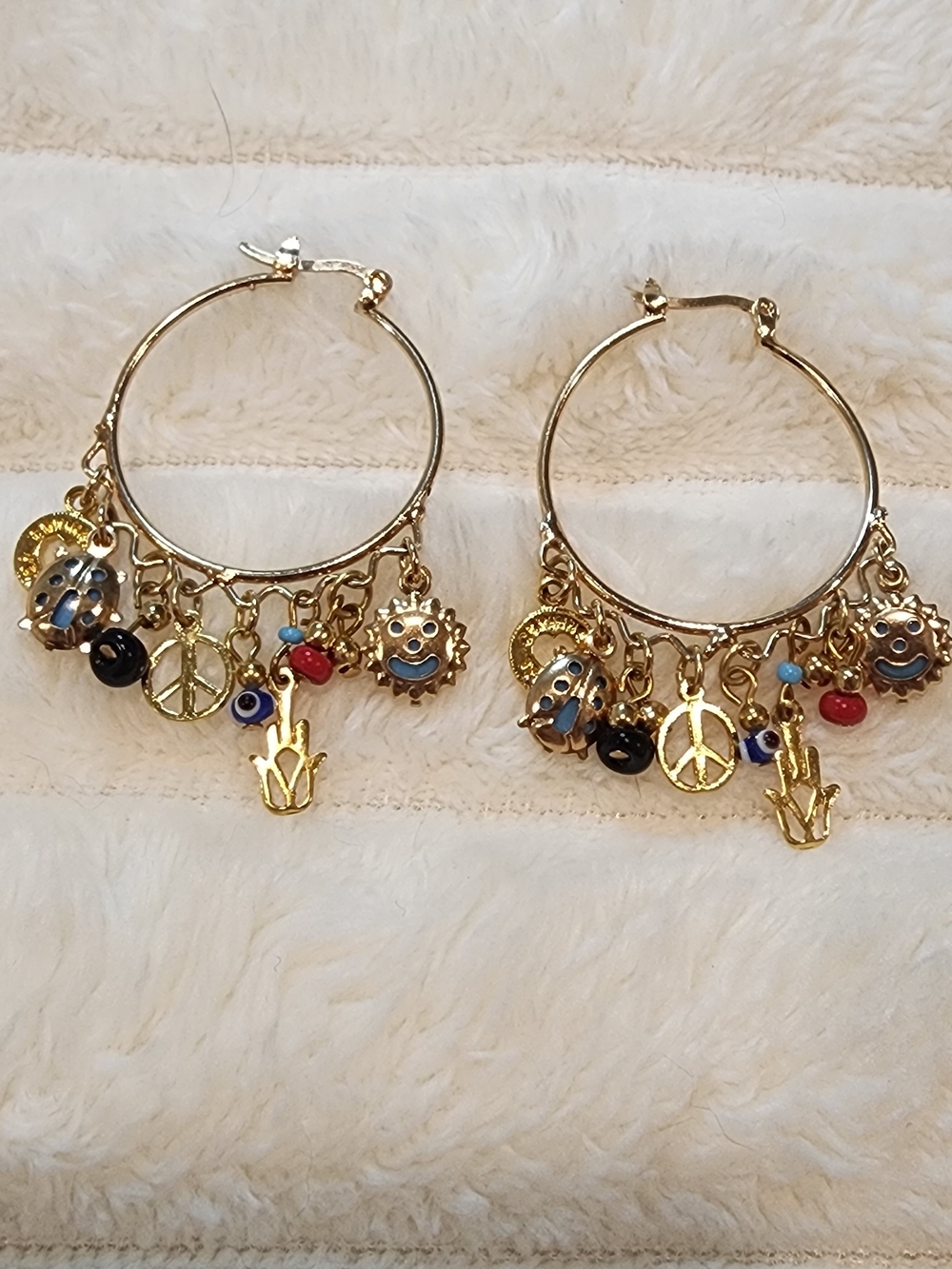 Corinne Toledano Signed Charm Hoop Earrings Evil Eye Hamsa Peace Gold Tone